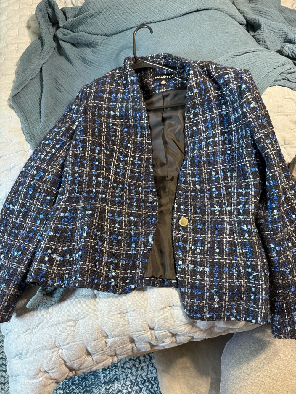 Halston Heritage Black Tweed Open-Front Blazer with Blue Accents